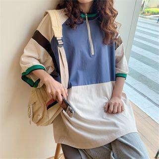 Balloon-sleeve Paneled Hair-zip T-shirt