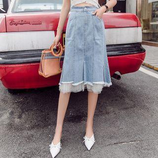 Mesh Trim Denim Mermaid Midi Skirt