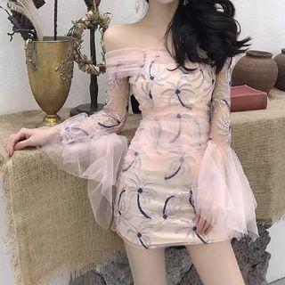 Off-shoulder Tree Embroidered Mini Cocktail Dress