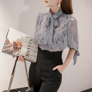 Set: Elbow-sleeve Lace Blouse + Dress Pants