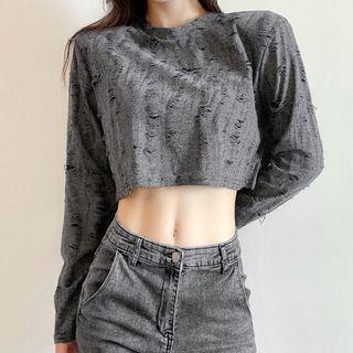 Long Sleeve Distressed Crop Top