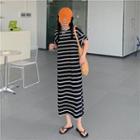 Short-sleeve Striped Midi A-line Dress White Stripes - Black - One Size