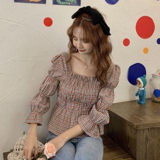 Plaid 3/4 Sleeve Blouse As Shown In Figure - One Size