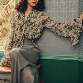 Tie-neck Printed Bell-sleeve Blouse