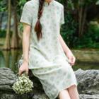 Mandarin Collar Printed Short-sleeve A-line Midi Dress