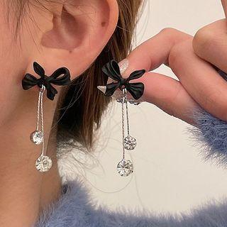 Bow Rhinestone Drop Earring 1 Pair - 925 Silver - Black - One Size