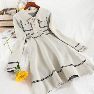 Ribbon Contrast Trim Knit Midi A-line Dress