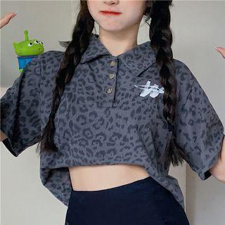 Leopard Short-sleeve Crop Polo Shirt