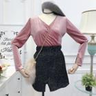 Set: Long-sleeve V-neck Velvet Top + Mini A-line Slit Skirt