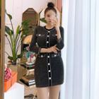 Long-sleeve Contrast Trim Mini Bodycon Dress Black - One Size