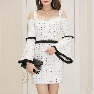 Bell-sleeve Cold-shoulder Tweed Dress