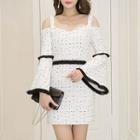 Bell-sleeve Cold-shoulder Tweed Dress