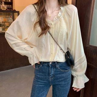 Long-sleeve Frill Trim Chiffon Blouse Almond - One Size