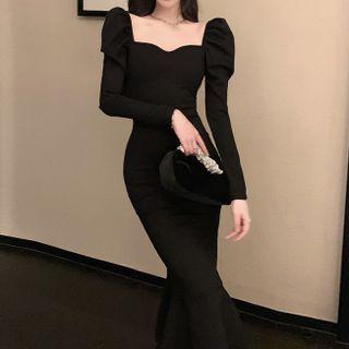 Puff-sleeve Square Neck Mermaid Sheath Dress