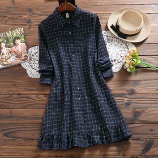 Long-sleeve Checked Frill Trim Midi A-line Shirtdress