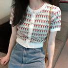 Short-sleeve Jacquard Button Knit Top White - One Size