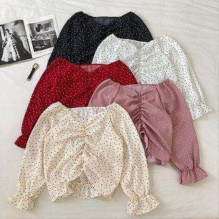 Polka Dot V-neck Frilled Long-sleeve Chiffon Top