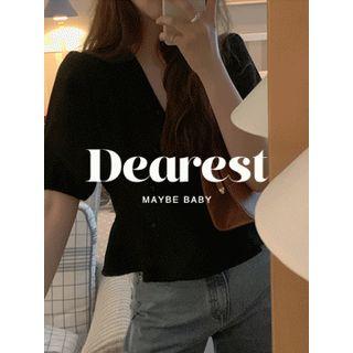 Puff-sleeve Ruffle-hem Blouse One Size