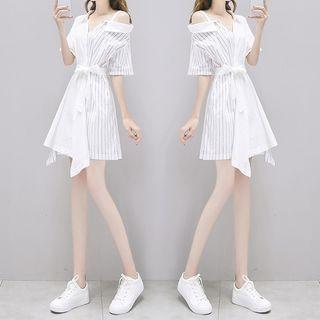 Striped Panel Mini A-line Shirt Dress