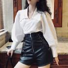Lantern-sleeve Shirt / Faux Leather Mini A-line Skirt