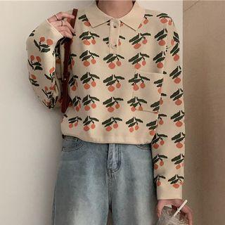 Long-sleeve Cherry Patterned Knit Polo Shirt