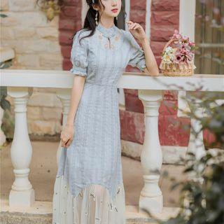 Short-sleeve Mesh Panel Qipao Dress