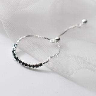 Rhinestone Sterling Silver Chain Ring Silver & Black - One Size