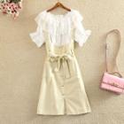 Set: Ruffle Trim Short-sleeve Top + Tie Waist Suspender Skirt