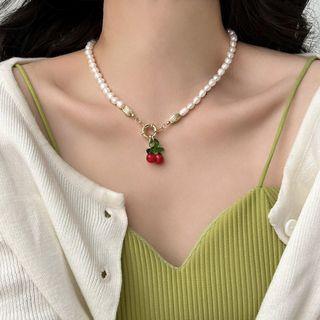 Cherry Pendant Freshwater Pearl Necklace Red & White - One Size