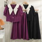 Set: Colorblock Puff-sleeve Crop Shirt + Midi Skirt
