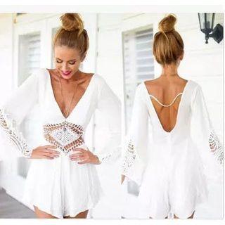 Long-sleeve Lace Plunge-neck Playsuit