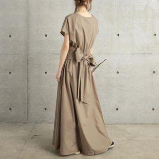 Short-sleeve Sashed Maxi A-line Dress