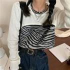 Long-sleeve Knit Shrug / Long-sleeve Zebra Print Cropped T-shirt