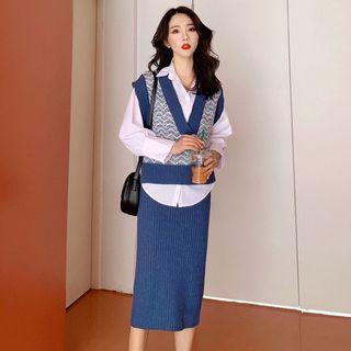 Plain Shirt / V-neck Knit Vest / Back Slit Knit Skirt / Set