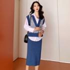 Plain Shirt / V-neck Knit Vest / Back Slit Knit Skirt / Set