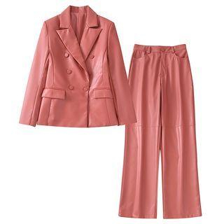 Double-breasted Faux Leather Blazer / Dress Pants / Set