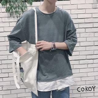 3/4-sleeve Striped Mock Two Piece T-shirt