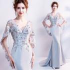 Elbow-sleeve Flower Embroidered Sequined Mermaid Evening Gown