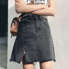 Frayed Hem Zip A-line Mini Denim Skirt