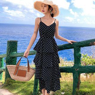 Spaghetti Strap Dotted Midi Tiered Dress