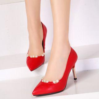 Faux-leather Beaded Pointy Stilettos