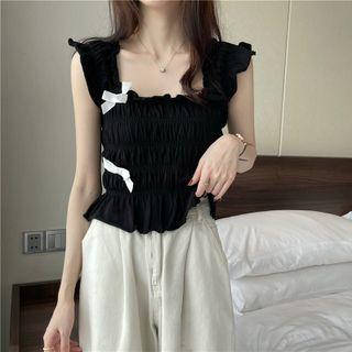 Sleeveless Bow-accent Shirred Top