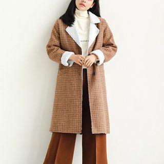 Long Notch-lapel Buttoned Plaid Coat Khaki - One Size