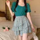 Set : Round-neck Short-sleeve Tee High-waist Floral Skirt 2-piece