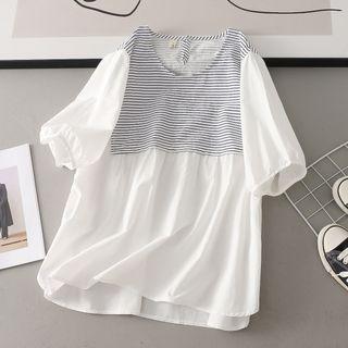 Short-sleeve Striped Panel Blouse Black & White Stripe - White - One Size