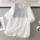 Short-sleeve Striped Panel Blouse Black & White Stripe - White - One Size