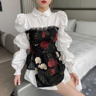 Puff-sleeve Shirt / Floral Embroidered Tube Top