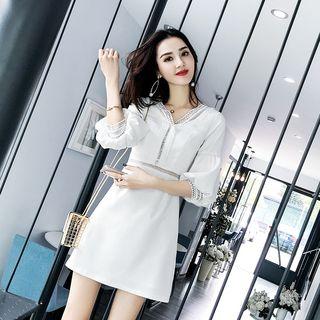 Elbow-sleeve Perforated Panel A-line Mini Dress