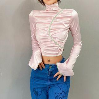 Mock-neck Long-sleeve Shirred Top