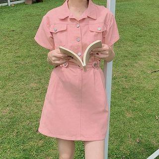 Short-sleeve Polo Collar Plain Cargo Mini Dress